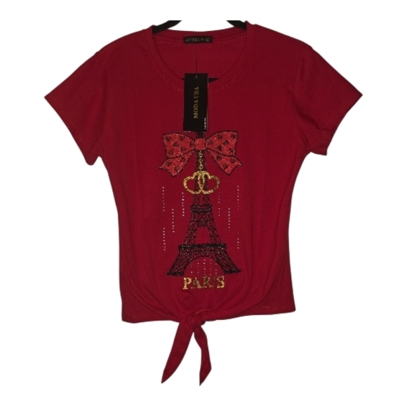 NWT Red Paris Graphic Tie-Front T-Shirt - Picture 1 of 2